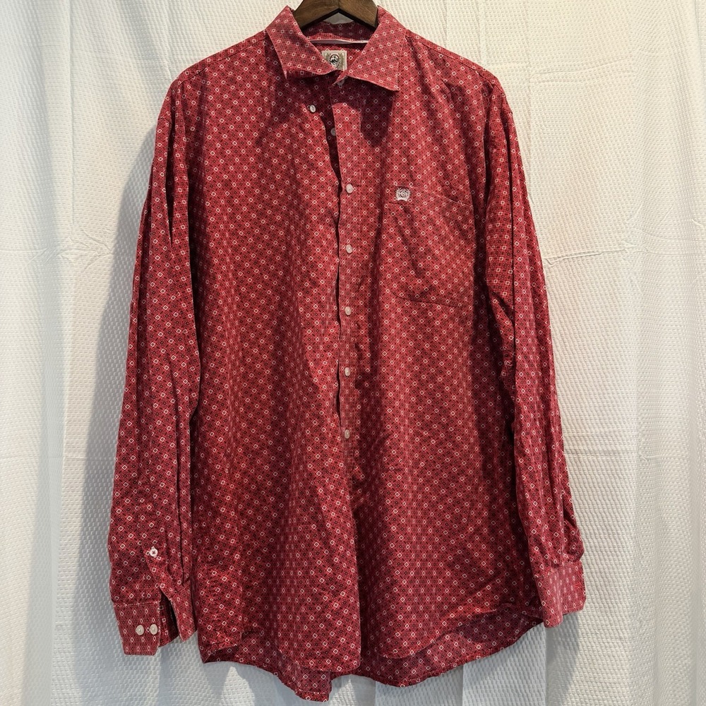 Cinch Men's XL Red Geometric Western Button Down Shirt Long Sleeve 100% Cotton